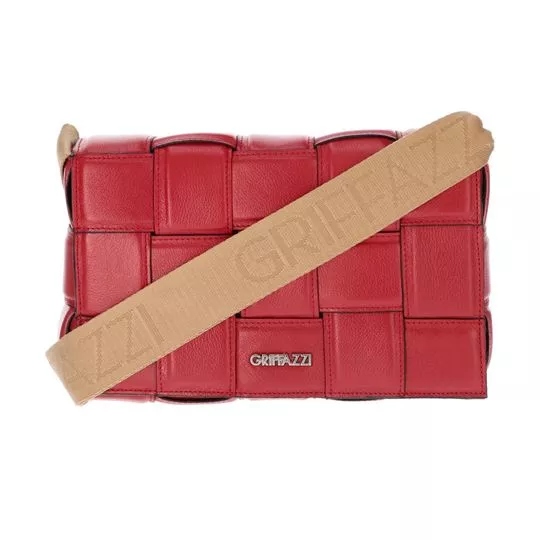Bolsa Transversal Em Couro Texturizado- Vermelha & Marrom Claro- 16x26x6cm