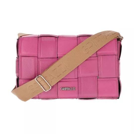 Bolsa Transversal Em Couro Texturizado- Pink & Marrom Claro- 16x26x6cm