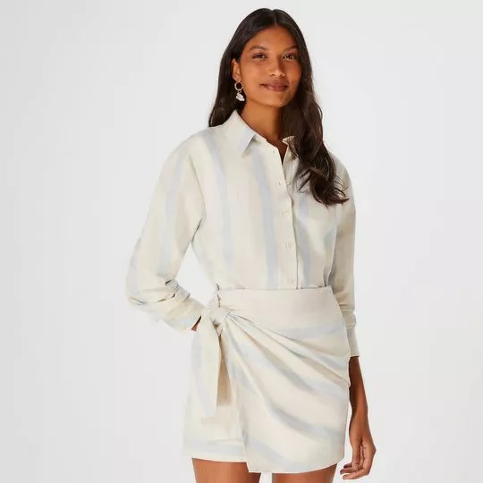 Camisa Listrada Com Linho- Off White & Azul Claro