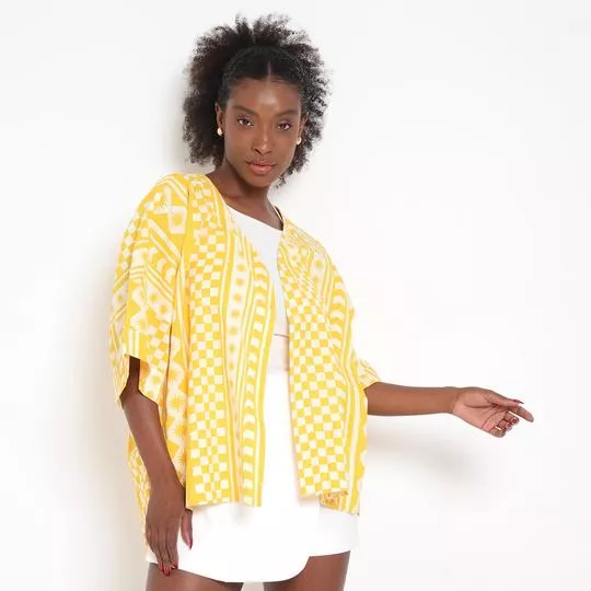 Kimono Étnico Com Linho- Amarelo & Off White