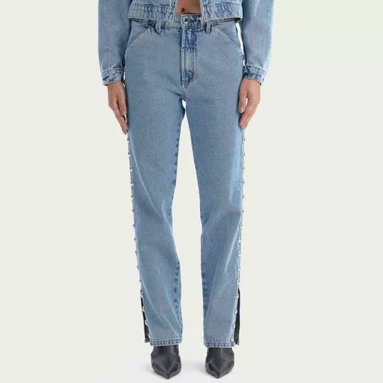 Calça Jeans Reta Com Rebites- Azul Claro & Prateada