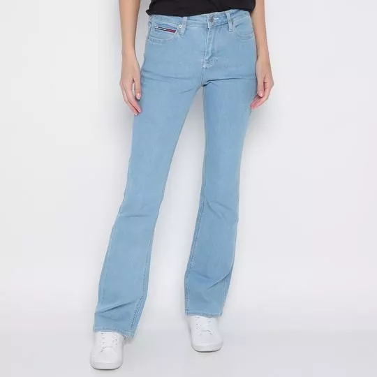 Calça Jeans Reta Com Recortes- Azul Claro