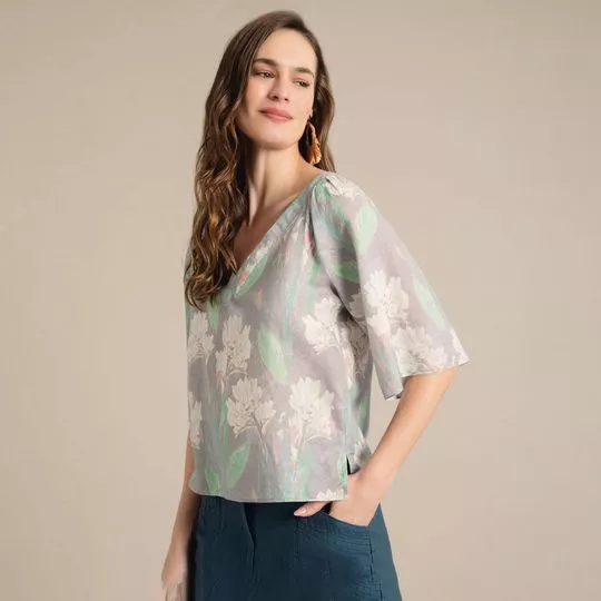 Blusa Floral- Cinza & Verde Claro