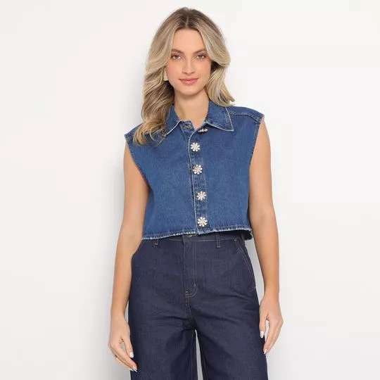 Camisa Cropped Jeans- Azul Escuro
