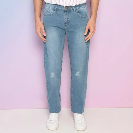 Calça Jeans Reta Com Bolso- Azul Claro