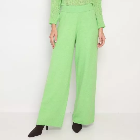 Calça Pantalona Em Tricô- Verde Limão