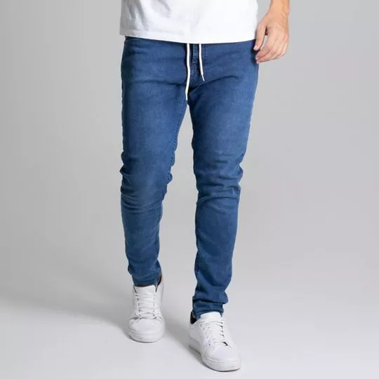 Calça Jeans Jogger Com Amarração- Azul Escuro