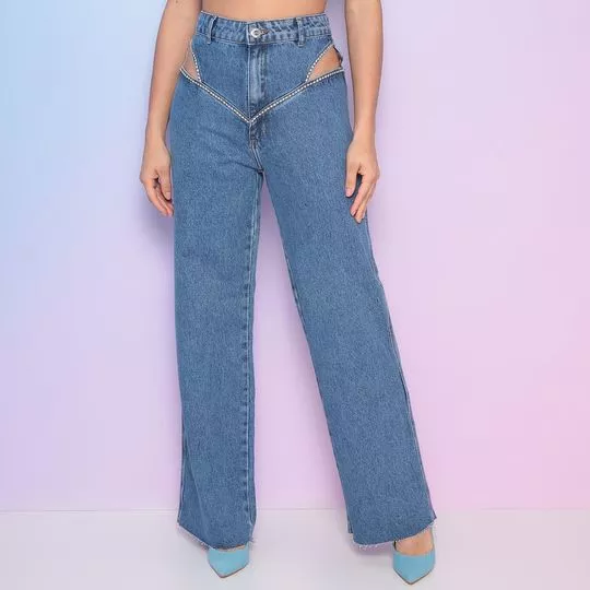 Calça Jeans Wide Leg Com Vazados- Azul