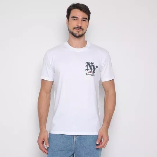 Camiseta Com Inscrições- Branca & Azul Escuro