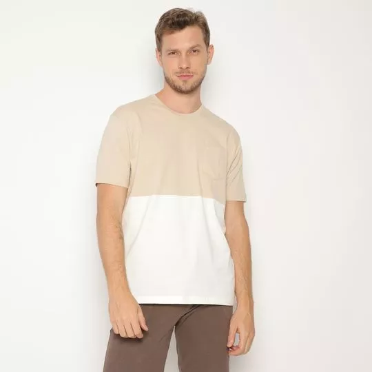 Camiseta Com Bolso- Bege Claro & Off White