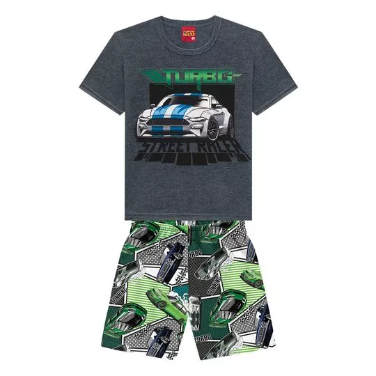 Conjunto De Camiseta Mescla & Bermuda Turbo- Cinza Escuro & Verde- Kyly