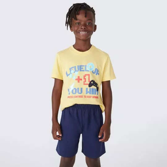 Pijama Com Inscrições- Amarelo & Azul Marinho- Hering Kids
