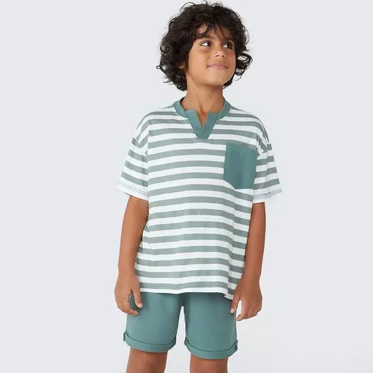 Pijama Listrado- Branco & Verde- Hering Kids