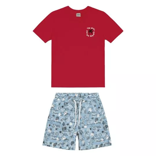 Conjunto De Camiseta & Bermuda- Vermelho & Azul Claro- Rovitex