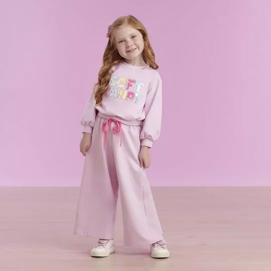 Conjunto Infantil De Blusão Com Paetês & Calça Wide Leg- Rosa Claro & Amarelo- Mon Sucré