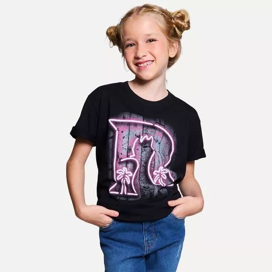 Camiseta Com Logo- Preta & Pink- Reserva Mini
