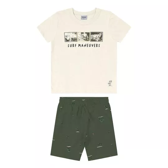 Conjunto Infantil De Camiseta Surf & Bermuda- Off White & Verde Escuro- Rovitex