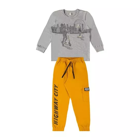 Conjunto De Camiseta & Calça Jogger Com Inscrições- Cinza & Amarelo Escuro- Boca Grande