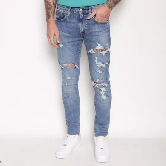 Calça Jeans Skinny Com Destroyed- Azul Escuro