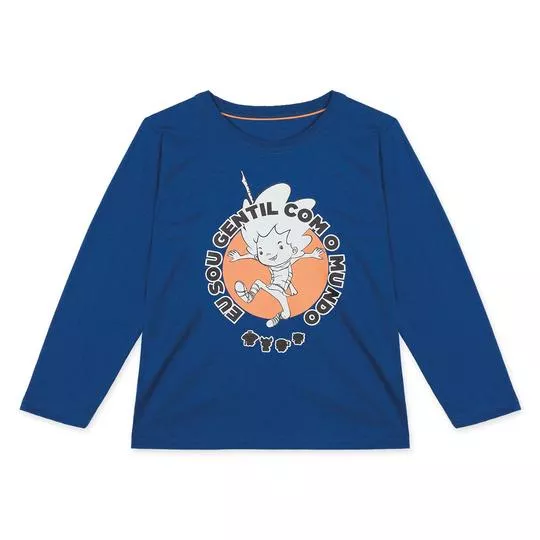 Camiseta Com Inscrições- Azul Marinho & Laranja