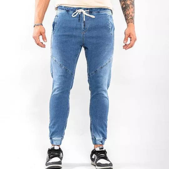 Calça Jeans Jogger Com Amarração- Azul