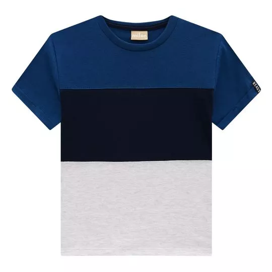 Camiseta Mescla Com Recortes- Azul Marinho & Cinza Claro- Milon