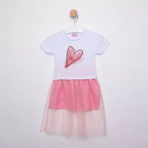 Conjunto De Camiseta Coração & Saia Em Tule<BR>- Branco & Rosa<BR>- Luluzinha