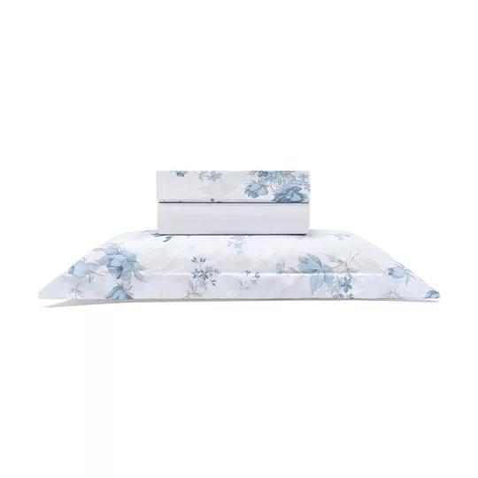 Jogo De Cama Casual Floral Solteiro- Off White & Azul Claro- 3Pçs- 150 Fios