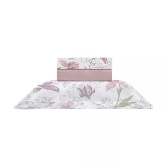 Jogo De Cama Casual Floral Solteiro King- Off White & Roxo- 3Pçs- 150 Fios