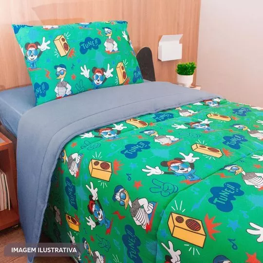 Edredom Dupla Face Mickey® De Casal- Verde & Azul- 200x220cm- Portallar