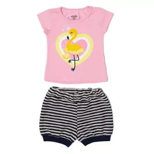 Conjunto De Blusa Flamingo & Short Listrado<BR>- Rosa Claro & Azul Marinho