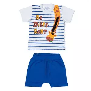 Conjunto De Camiseta Girafa & Bermuda Lisa<BR>- Branco & Azul Escuro