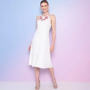 Vestido Midi Com Recortes<BR>- Off White & Vermelho