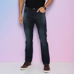 Calça Jeans Reta Com Tag<BR>- Azul Marinho