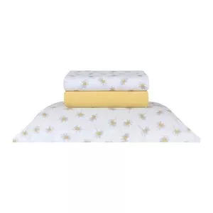 Jogo De Cama Solteiro King<BR>- Branca & Amarelo<BR>- 3Pçs<BR>- 200 Fios<BR>- Naturalle