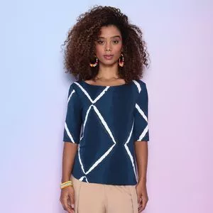 Blusa Geométrica <BR>- Azul Escuro & Off White