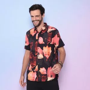 Camisa Animal Print<BR>- Preta & Coral