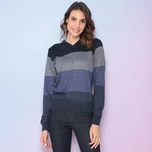 Suéter Em Tricô Listrado<BR>- Azul Marinho & Cinza