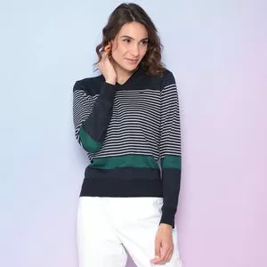 Suéter Em Tricô Listrado<BR>- Azul Marinho & Verde