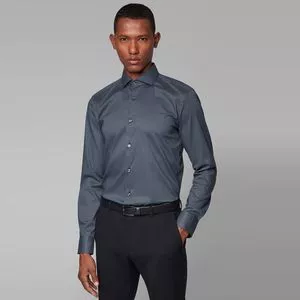 Camisa Slim Fit Geométrica<BR>- Cinza Escuro & Cinza