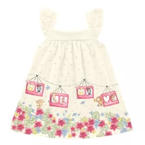 Vestido Infantil Floral<BR>- Off White & Rosa Claro