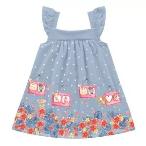 Vestido Infantil Floral<BR>- Azul Claro & Coral