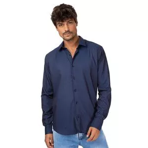 Camisa Regular Fit Com Recortes<BR>- Azul Marinho