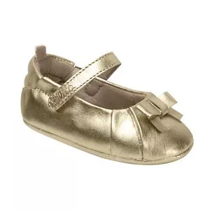 Sapato Boneca Em Couro Com Laço<BR>- Dourado