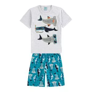 Pijama Infantil Tubarões<BR>- Cinza Claro & Azul