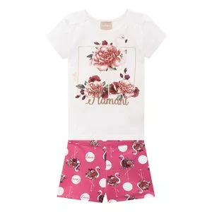 Conjunto Infantil De Blusa Flamingo & Short<BR>- Off White & Rosa
