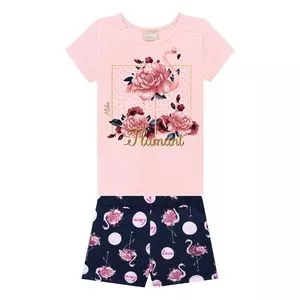 Conjunto Infantil De Blusa Flamingo & Short<BR>- Rosa Claro & Azul Marinho