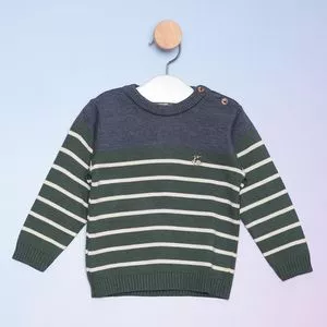 Suéter Infantil Em Tricô Listrado<BR>- Verde Escuro & Off White