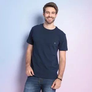 Camiseta Com Bordado<BR>- Azul Marinho & Branca