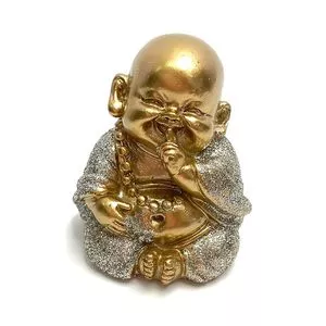 Mini Buda Decorativo Não Falo Com Glitter<BR>- Dourado & Prateado<BR>- 6x5x3cm<BR>- Anna Therapy